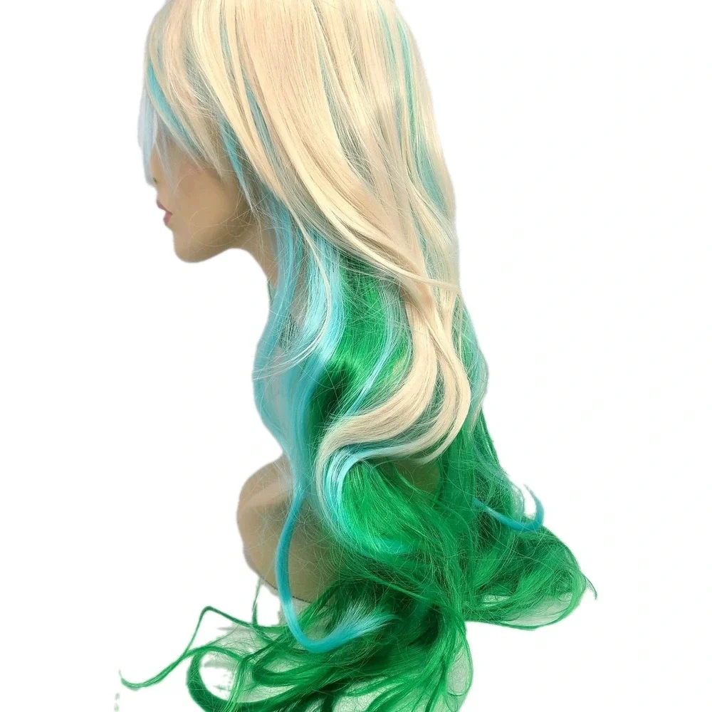 Mixed Color‎ Long Wavy Synthetic Wig Blond Blue Green Costume Cosplay Hair